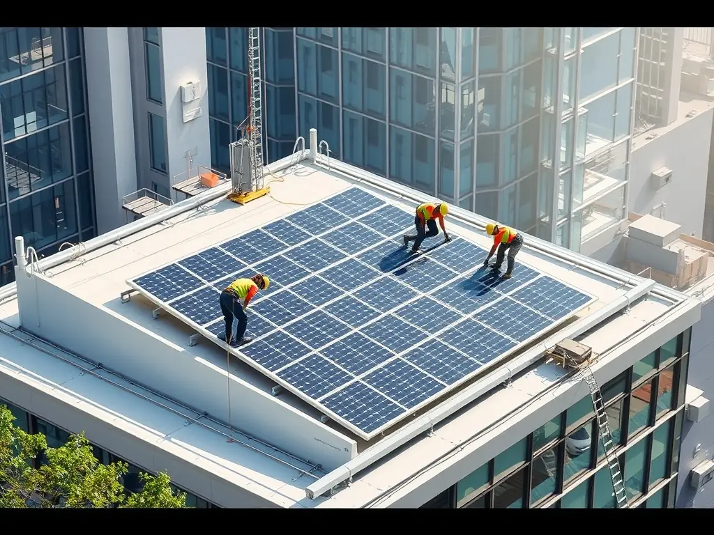 A solar panel installation on a commercial building, highlighting the implementation phase.
