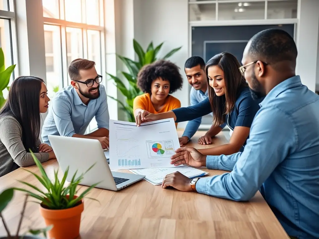 A team of solar energy consultants discussing a project plan in a modern office.